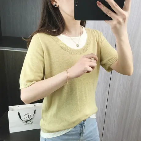 假两件叠领圆领短袖t恤2024夏季新款时尚内搭针织衫上衣宽松T恤商品大图