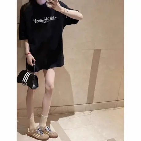 爆款夏季半袖大版纯棉印花黑色短袖t恤女2025新款中长款宽松上衣商品大图