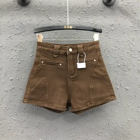 美式复古高腰百搭牛仔短裤女2025春夏新款咖色提臀弹力修身阔腿裤商品大图