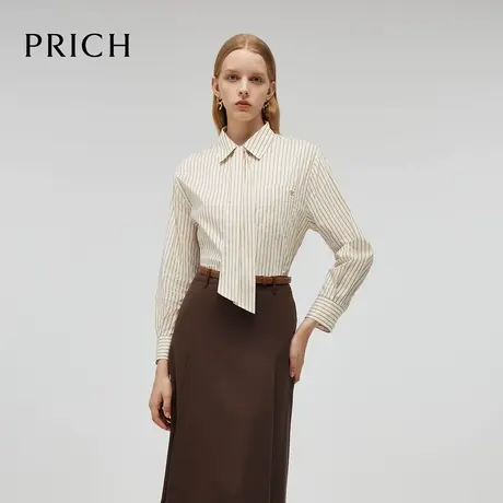 PRICH时尚经典条纹衬衫春秋新款飘带领衬衣长袖宽松上衣女商品大图