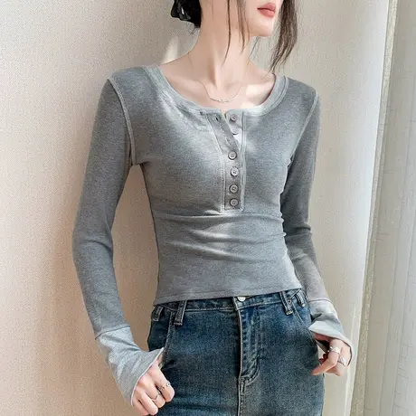 拼色纽扣设计感圆领长袖T恤女2025春季新款修身显瘦正肩别致上衣商品大图