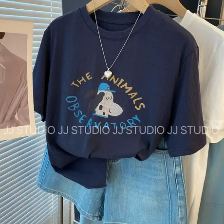 轻薄！韩国东大门卡通小狗字母印花宽松短袖T恤女凉感雪花棉上衣商品大图