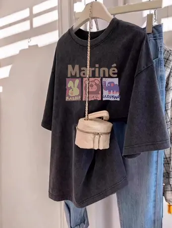 美式复古女士上衣2024新款做旧水洗风大码T恤ins小个子遮肚短袖夏图片