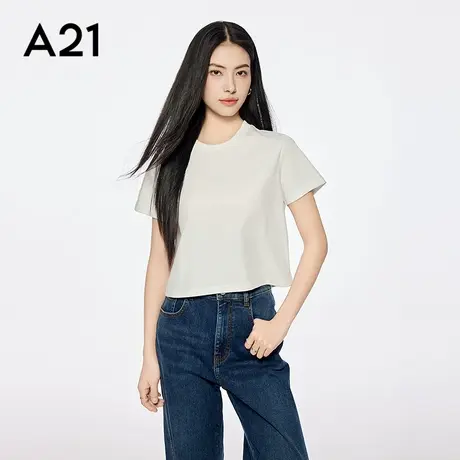A21女装宝蓝短款宽松显瘦T恤简约凉感抗菌圆领上衣修身显瘦百搭图片