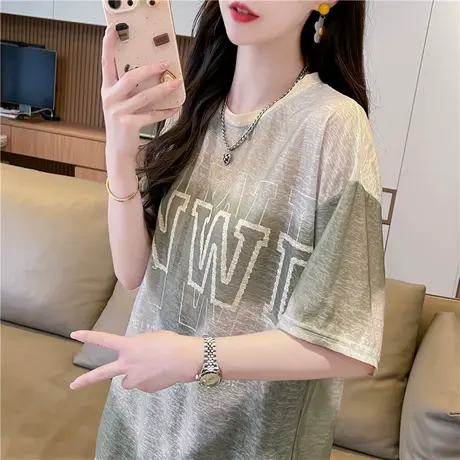 渐变色扎染短袖t恤女夏季韩版宽松大码女装冰丝薄款运动休闲上衣图片