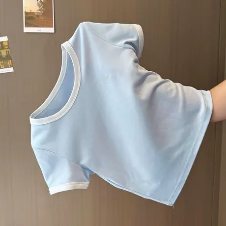 2025夏季新款蝴蝶结刺绣短袖T恤女修身小个子短款正肩撞色上衣潮图片