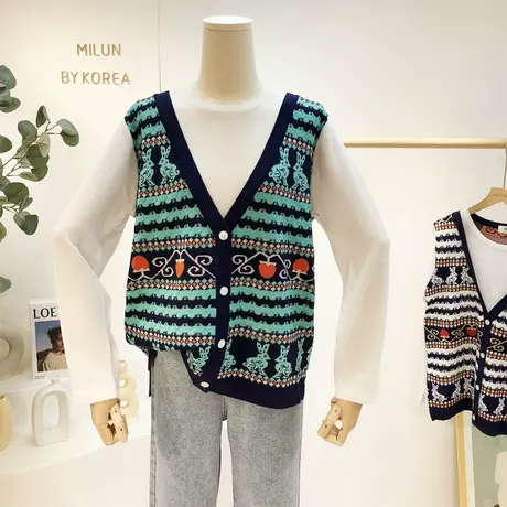 2021早秋新款针织衫韩国东大门复古花纹马甲假两件长袖上衣欧货潮图片