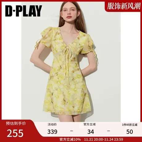 DPLAY夏法式度假风黄调晕染鸢尾蕾丝花边抽绳设计印花连衣裙商品大图