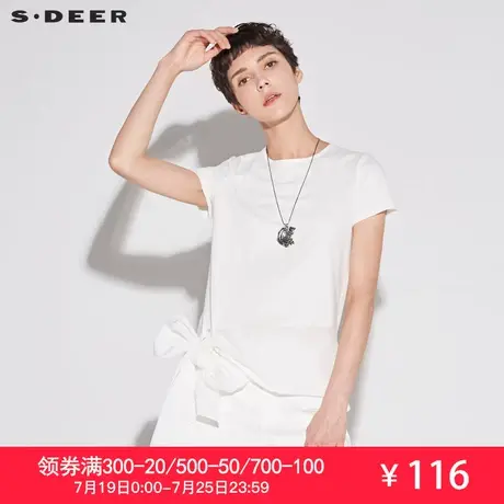 sdeer圣迪奥2019夏装新款简约蝴蝶结白色圆领系带T恤女S18660102图片