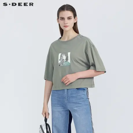 sdeer圣迪奥女装夏装休闲圆领人像印花短袖T恤S21280147图片