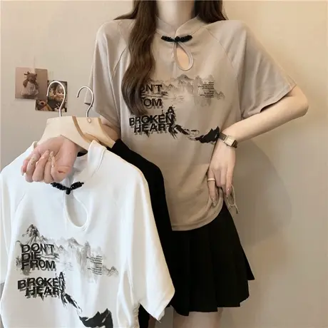 设计感小众盘扣短袖T恤女夏装韩版百搭新中式国风体恤上衣打底衫图片