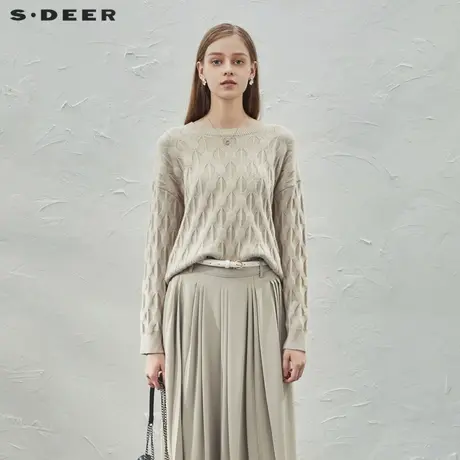 【直播间专属】sdeer圣迪奥女装罗纹圆领钩花落肩针织衫S23463502图片