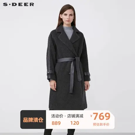 sdeer圣迪奥女装西装领外套收腰羊羔毛绒长款冬季大衣S21481703图片