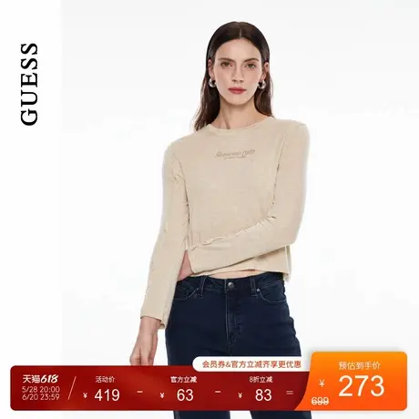 【秀智明星同款】GUESS女士简约纯色字母圆领套头含羊毛T恤图片