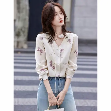 时尚气质春季刺绣减龄长袖衬衫女士2025年春季新品百搭印花上衣图片