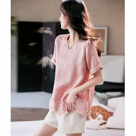 宝诗黎圆领刺绣提花短袖小衫女2025夏季新中式气质慵懒百搭雪纺衫图片