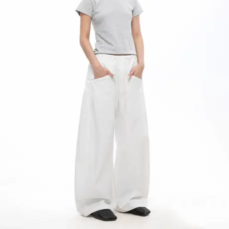 美式抽绳松紧腰宽松垂感阔腿裤女2025夏季新款设计感休闲弯刀裤商品大图