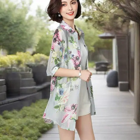 七分袖衬衫女夏季2025新款大码中长款花色防晒衣披肩外套空调衫女商品大图