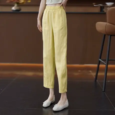 垂顺天丝亚麻松紧腰小脚哈伦裤女夏季薄款小个子萝卜裤九分休闲裤商品大图