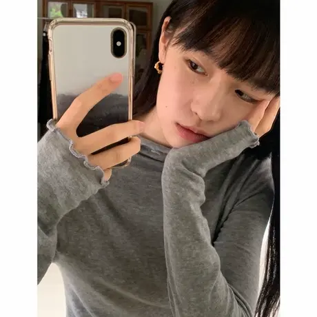 2024秋装韩国东大门新款木耳边长袖t恤女修身百搭洋气打底衫上衣商品大图