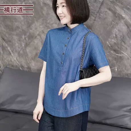 纯棉牛仔衬衫立领短袖上衣半开领复古蓝色衬衣小众女装夏季新款商品大图