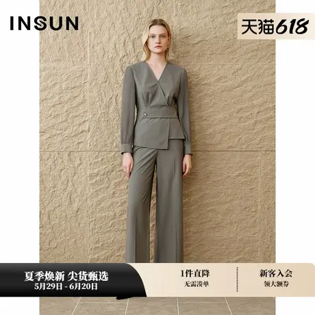 INSUN恩裳专选2025春季格雷系莫代尔混纺阔腿西装裤商品大图
