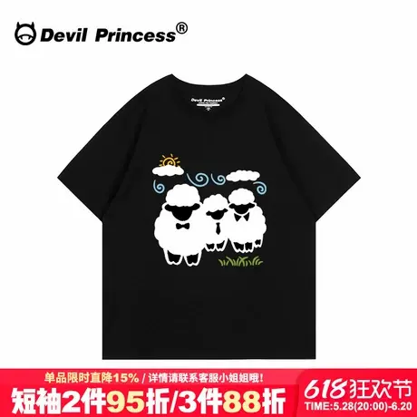 小众ins风超火设计感卡通印花黑色正肩t恤女短袖大版宽松半袖上衣图片