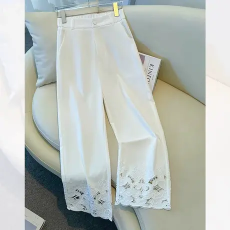 拉夏贝尔白色蕾丝直筒裤女薄款2025新款防晒凉凉小个子镂空九分裤商品大图