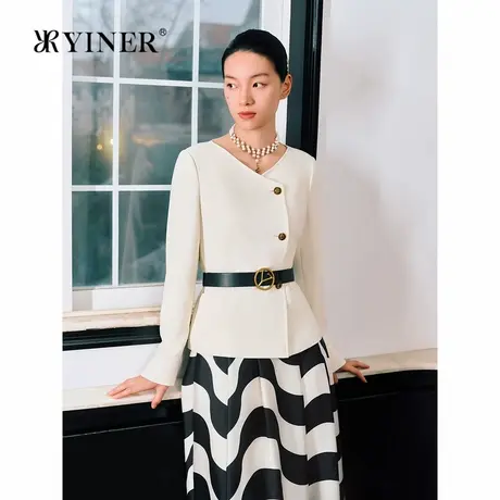 YINER音儿秋季羊毛桑蚕丝弹力斜纹一字领休闲短外套商品大图