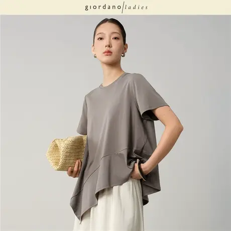 GL2025夏季新款纯棉不对称拼接下摆设计感圆领短袖T恤女02325042图片