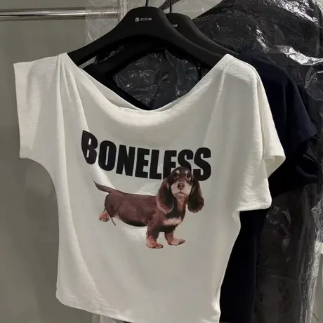 美式复古小狗印花斜肩短袖T恤女夏季新款修身显瘦褶皱短款ins上衣商品大图