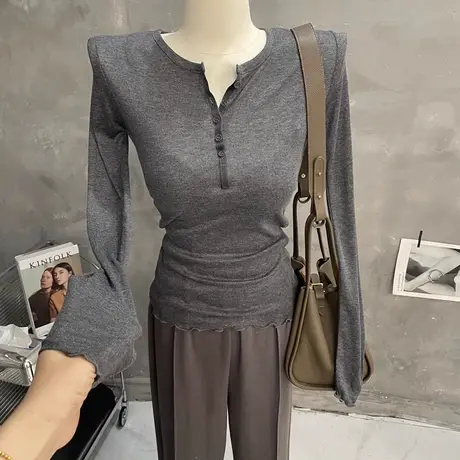 轻薄好穿~纯欲性感修身长袖T恤半开领纽扣打底衫上衣韩版纯色内搭商品大图