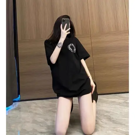 纯棉美式潮牌T恤女中长款短袖ins上衣港味宽松小众设计感遮屁股款商品大图