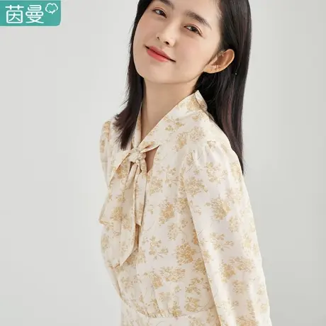 茵曼旗舰店气质女2023春季新款蝴蝶结系带碎花印花伞裙a字连衣裙图片