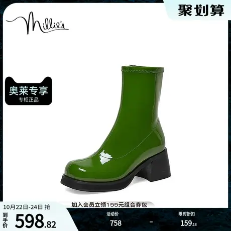 millie's妙丽冬商场同款漆牛皮时尚粗跟女弹力靴SGP34DZ2商品大图