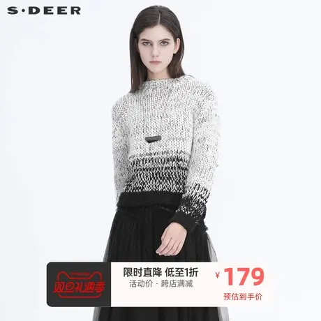 sdeer圣迪奥复古毛衣女装简约圆领撞色提花日系慵懒毛衣S20483546🈷图片