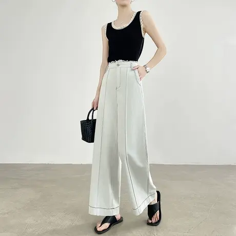 蕾丝花边灰色天丝棉牛仔裤女夏季薄款高腰直筒莱赛尔宽松阔腿裤子商品大图