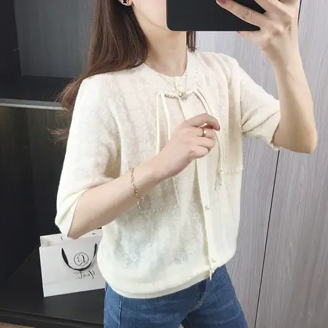 气质温柔纯色针织衫外穿夏2024新款T恤韩系显瘦短袖冰丝薄上衣女商品大图