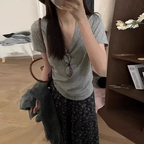 V领灰色正肩短袖T恤女夏季韩版修身竹节棉打底衫内搭韩系半袖上衣商品大图