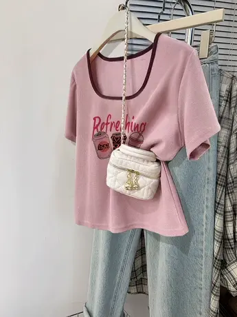 正肩短袖t恤女韩版chic甜辣风方领设计感ins潮夏季多巴胺粉色上衣图片