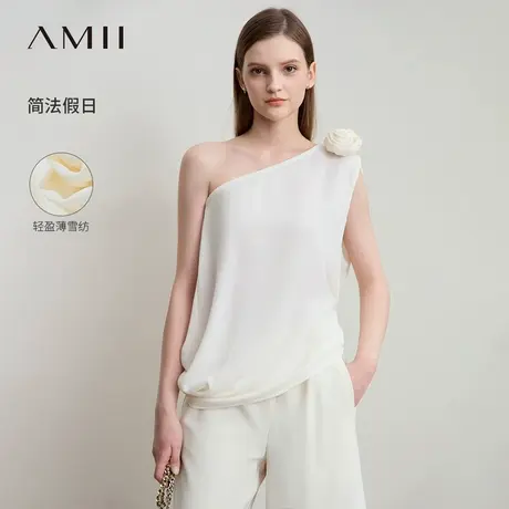 Amii2025夏新款极简纯色轻奢雪纺梭织宽松露肩斜领立体花雪纺衫商品大图