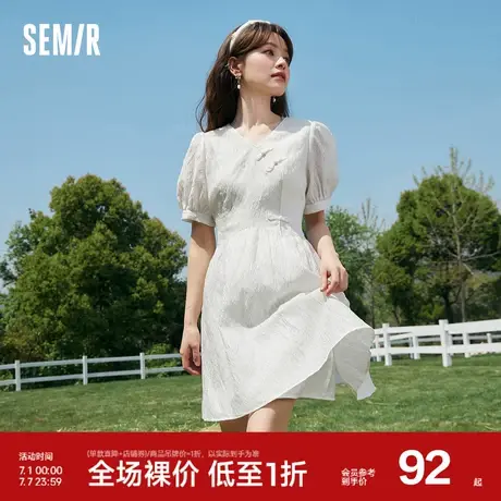 森马连衣裙女泡泡袖盘扣国风复古2023新款夏显瘦v领裙子国潮时尚商品大图