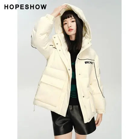 红袖outlets字母印花面包羽绒服hopeshow2023冬加厚保暖通勤外套图片