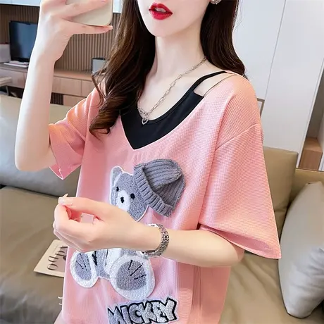 设计感小众短袖t恤女夏季韩版宽松大码女装V领华夫格假两件上衣服图片