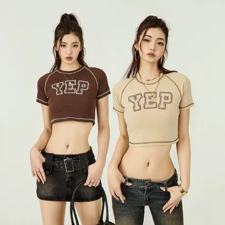 YEP复古字母印花短袖t恤女2023新款设计感辣妹修身短款半袖ins潮商品大图