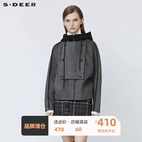 sdeer圣迪奥女装抽绳连帽拼接格纹宽松短款外套S21462226图片