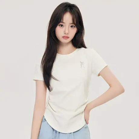 尔给时尚休闲夏季纯色圆领舒适灰色T恤女百搭打底不规则修身上衣商品大图