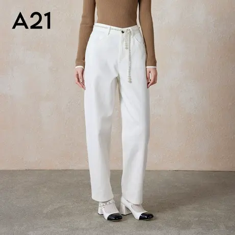 A21女装宽松梭织长裤春季简约休闲直筒纯白百搭直筒裤子图片