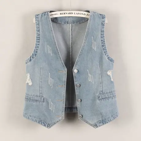 牛仔马甲女背心短款个性春秋新款无袖休闲小外搭修身v领坎肩浅蓝商品大图