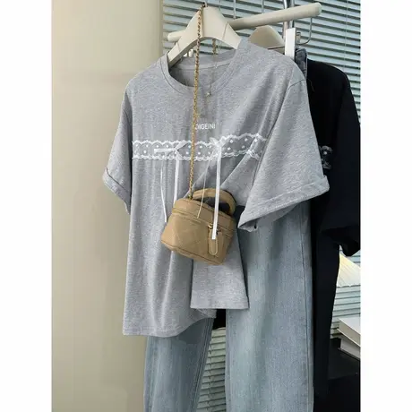 夏季2025新款蕾丝花边短袖T恤女韩版宽松显瘦纯棉体恤上衣ins潮牌图片